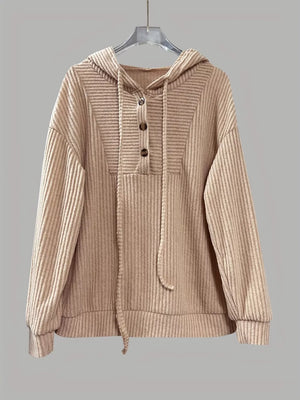 Khaki ribbed button-front hoodie with drawstring and buttoned placket.