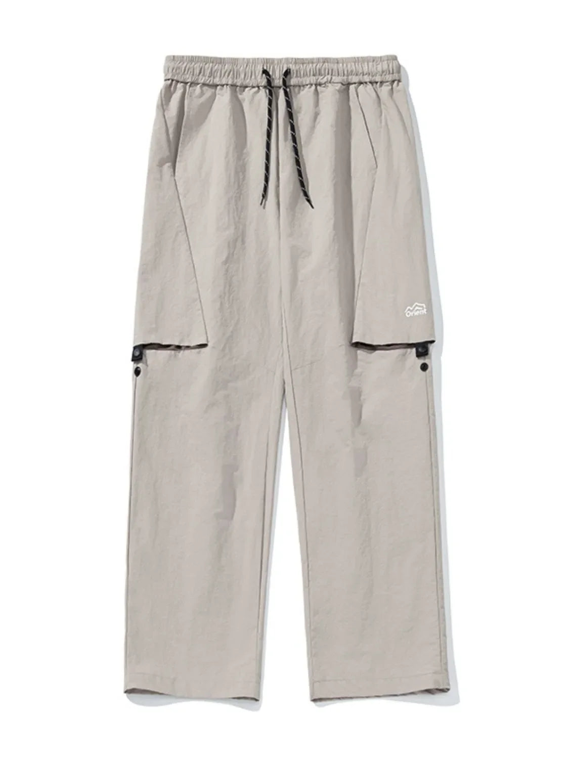Gray cargo pants with elastic waist, drawstring, and multiple pockets.