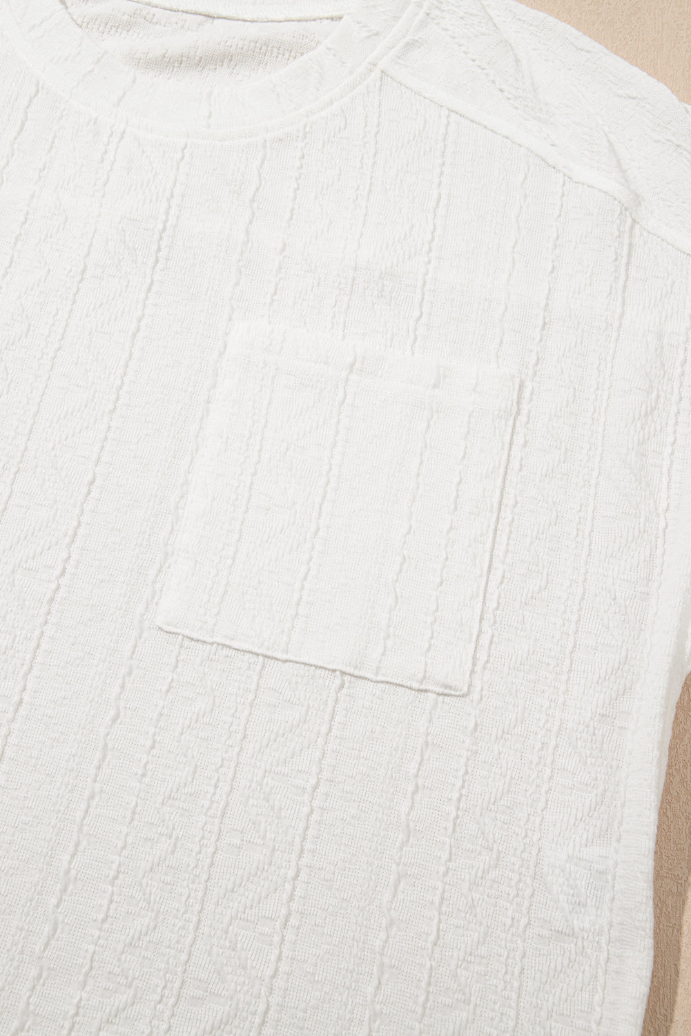 White textured knit drawstring short set top with chest pocket