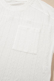 White textured knit drawstring short set top with chest pocket
