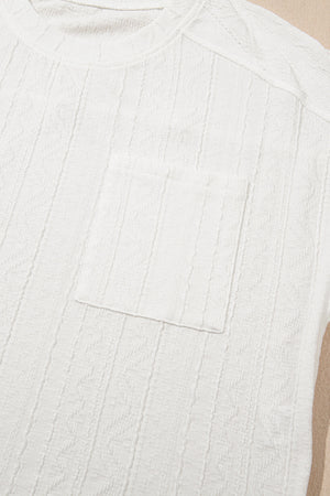 White textured knit drawstring short set top with chest pocket