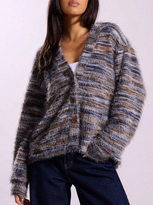 Cozy textured knit cardigan with buttons in a marled brown, blue, and gray stripe pattern.