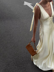 Elegant Satin Tie-shoulder V-neck Dress