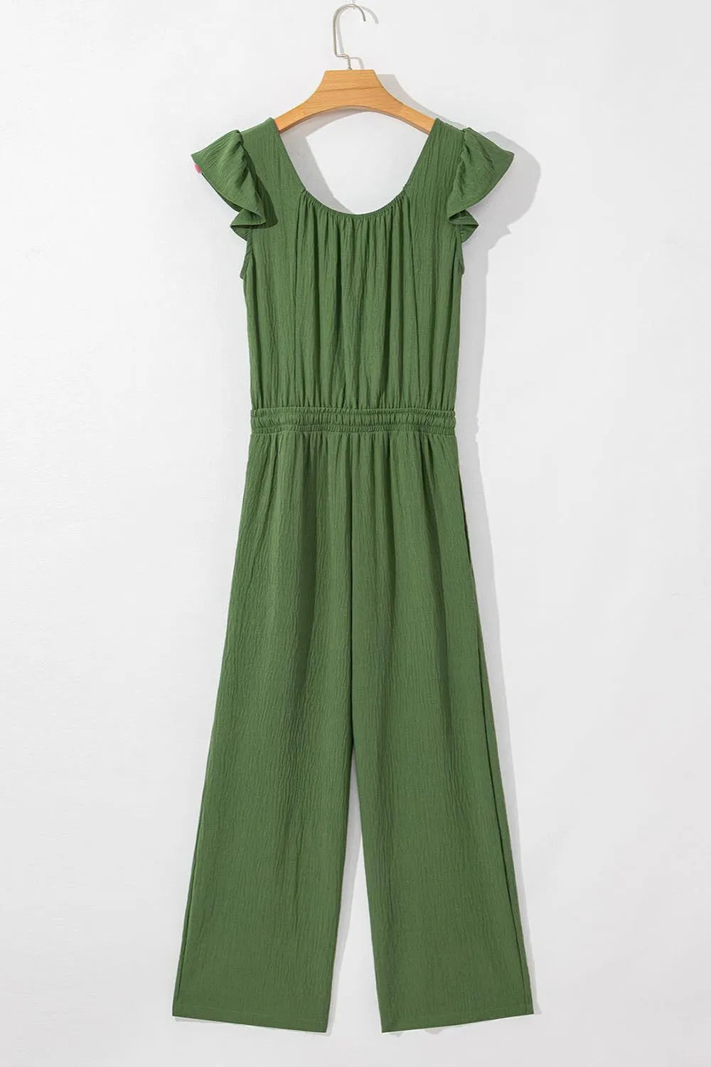 Matcha green textured drawstring palazzo jumpsuit with ruffle sleeves and cinched waist.