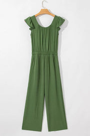 Matcha green textured drawstring palazzo jumpsuit with ruffle sleeves and cinched waist.