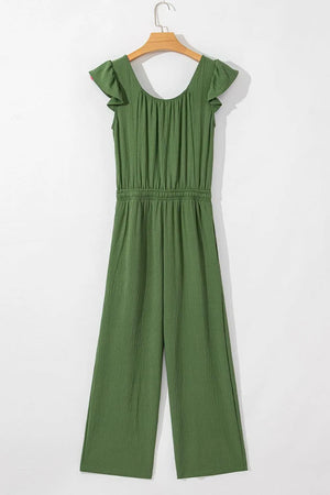 Matcha green textured drawstring palazzo jumpsuit with ruffle sleeves and cinched waist.