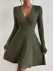 Army green ribbed wrap mini dress with long sleeves and A-line skirt.
