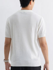 White textured knit zip-up polo shirt for men with short sleeves.