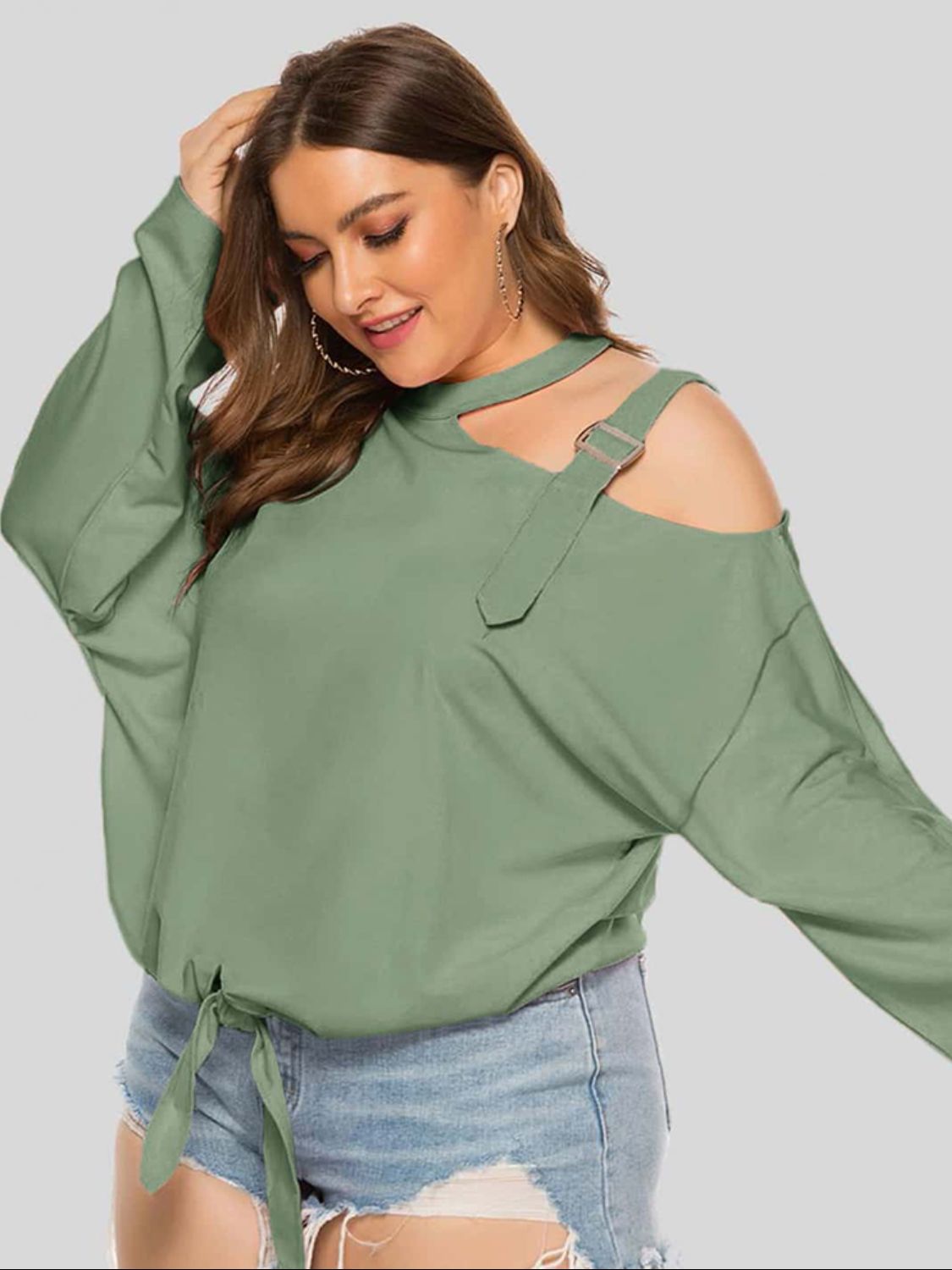 Light Green Shoulder-Buckle Cutout Tie-Front Top with long sleeves and a tie waist.