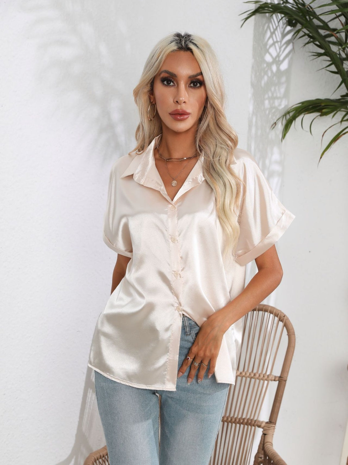 Champagne satin boxy sleeve button-down blouse with a relaxed fit.