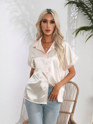 Champagne satin boxy sleeve button-down blouse with a relaxed fit.