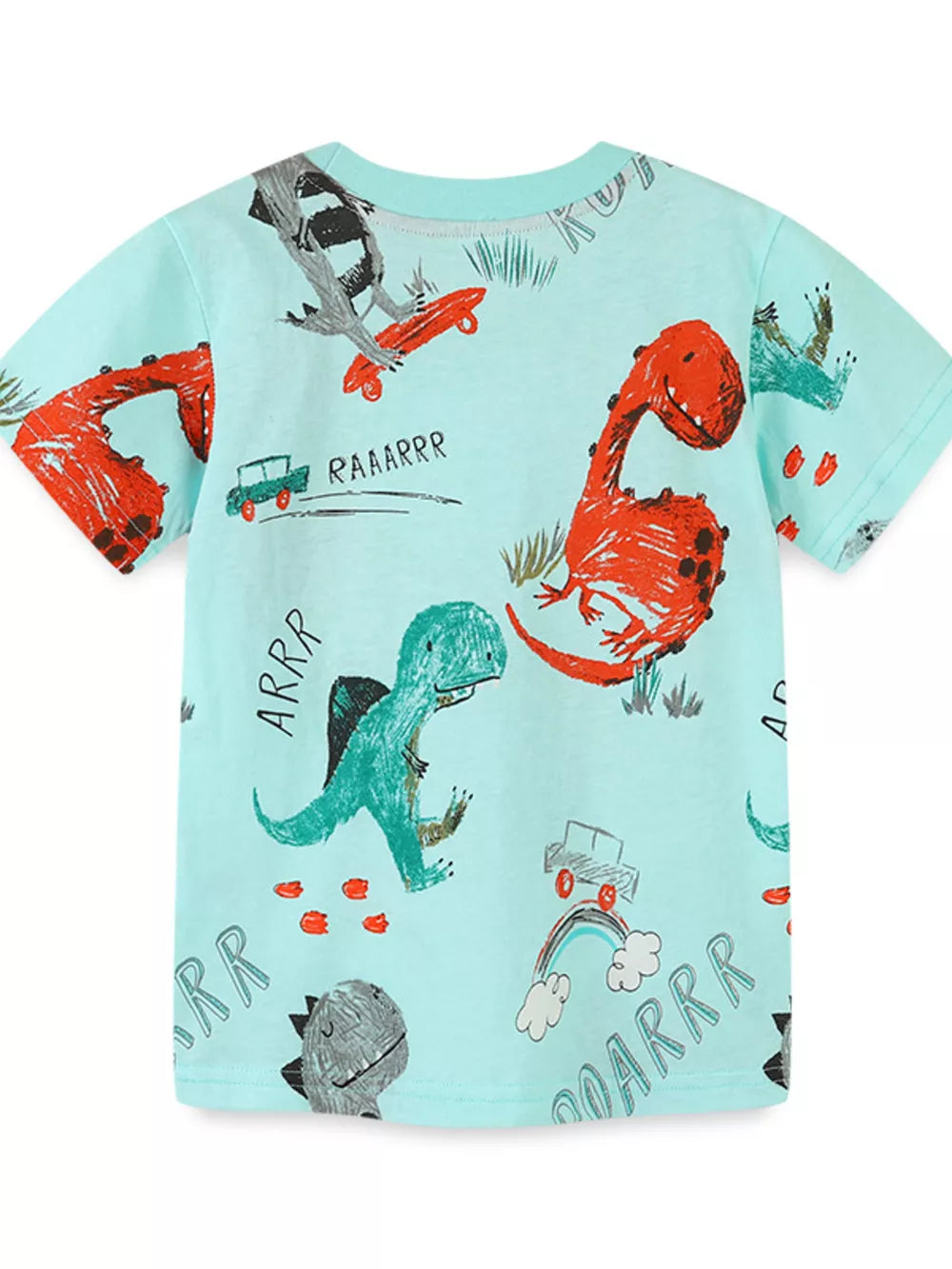 Light blue cotton t-shirt with a playful dinosaur graphic featuring dinosaurs, cars, and skateboards.