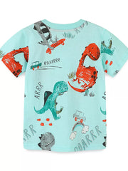 Light blue cotton t-shirt with a playful dinosaur graphic featuring dinosaurs, cars, and skateboards.