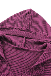Textured knit hooded pullover in burgundy with fringe trim detail