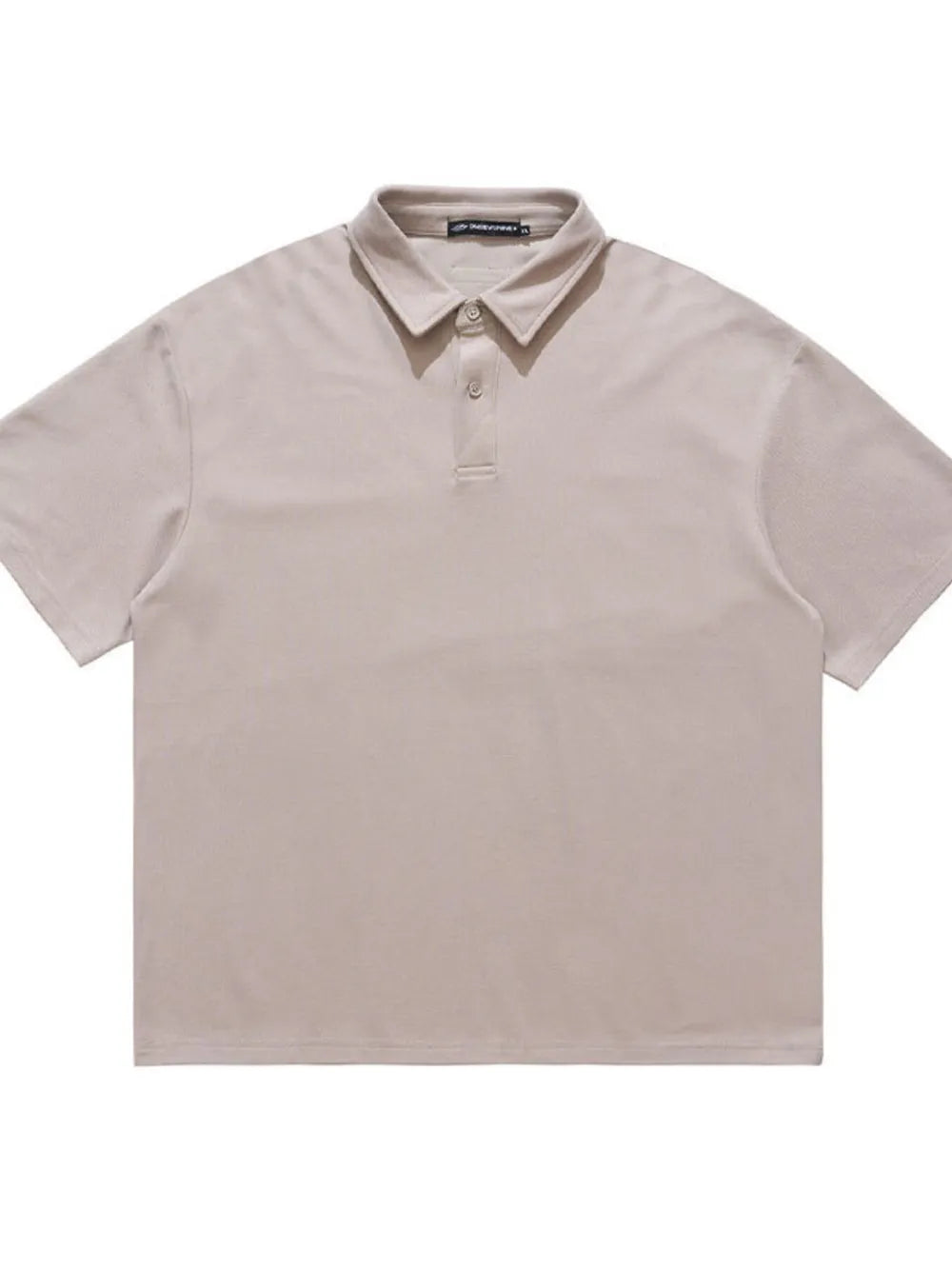 Khaki cotton polo shirt with buttoned collar and short sleeves.