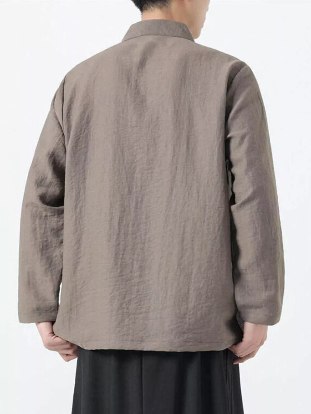 Men's mocha cotton shirt with Mandarin collar and buttoned front.