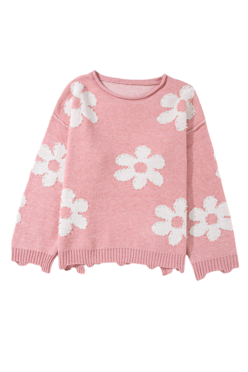 Blush pink knit sweater with white floral appliques and pearl details.