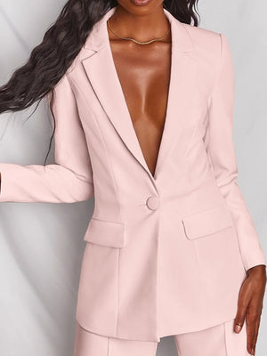 One Button Blazer And Wide-leg Pants Set Plus Size in Brown, side view