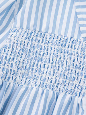 Blue and white striped shirt with shirred bodice detail