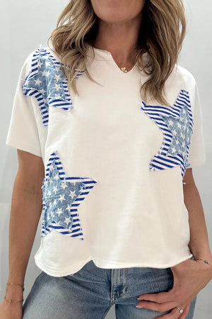 White cotton tee with notched neck and star applique details.