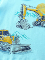 Toddler t-shirt in light blue with excavator and bulldozer graphic print.