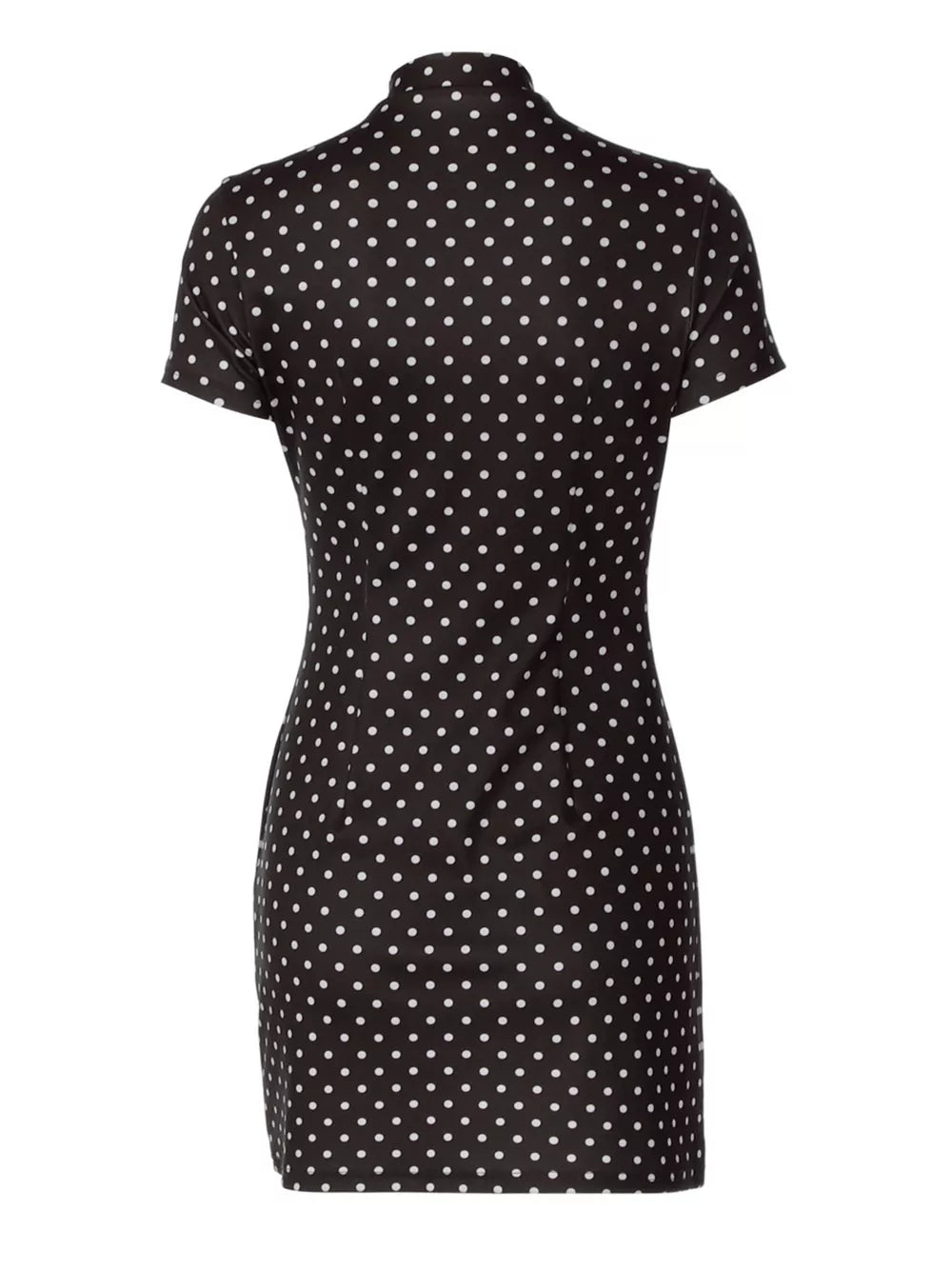 Black polka dot mini dress with short sleeves and a mock neck.