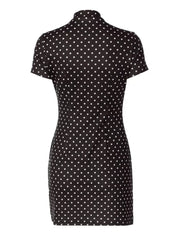 Black polka dot mini dress with short sleeves and a mock neck.