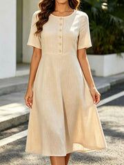 Button Detail A-line Midi Dress in Red, model styling view
