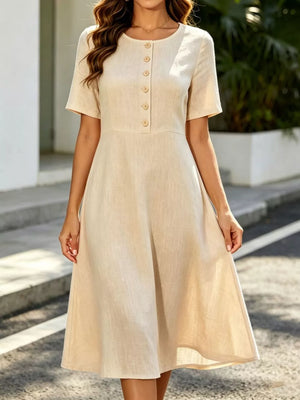 Button Detail A-line Midi Dress in Red, model styling view