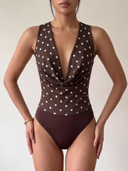 Brown polka dot bodysuit with cowl neck and sleeveless design