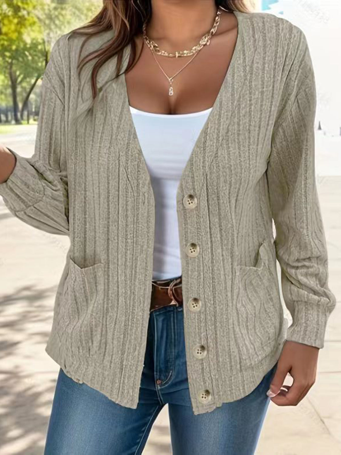 Moss ribbed knit button-down cardigan with pockets and a V-neck.