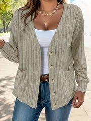 Moss ribbed knit button-down cardigan with pockets and a V-neck.