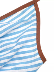 Blue and white striped cotton halter maxi dress with brown trim detail.
