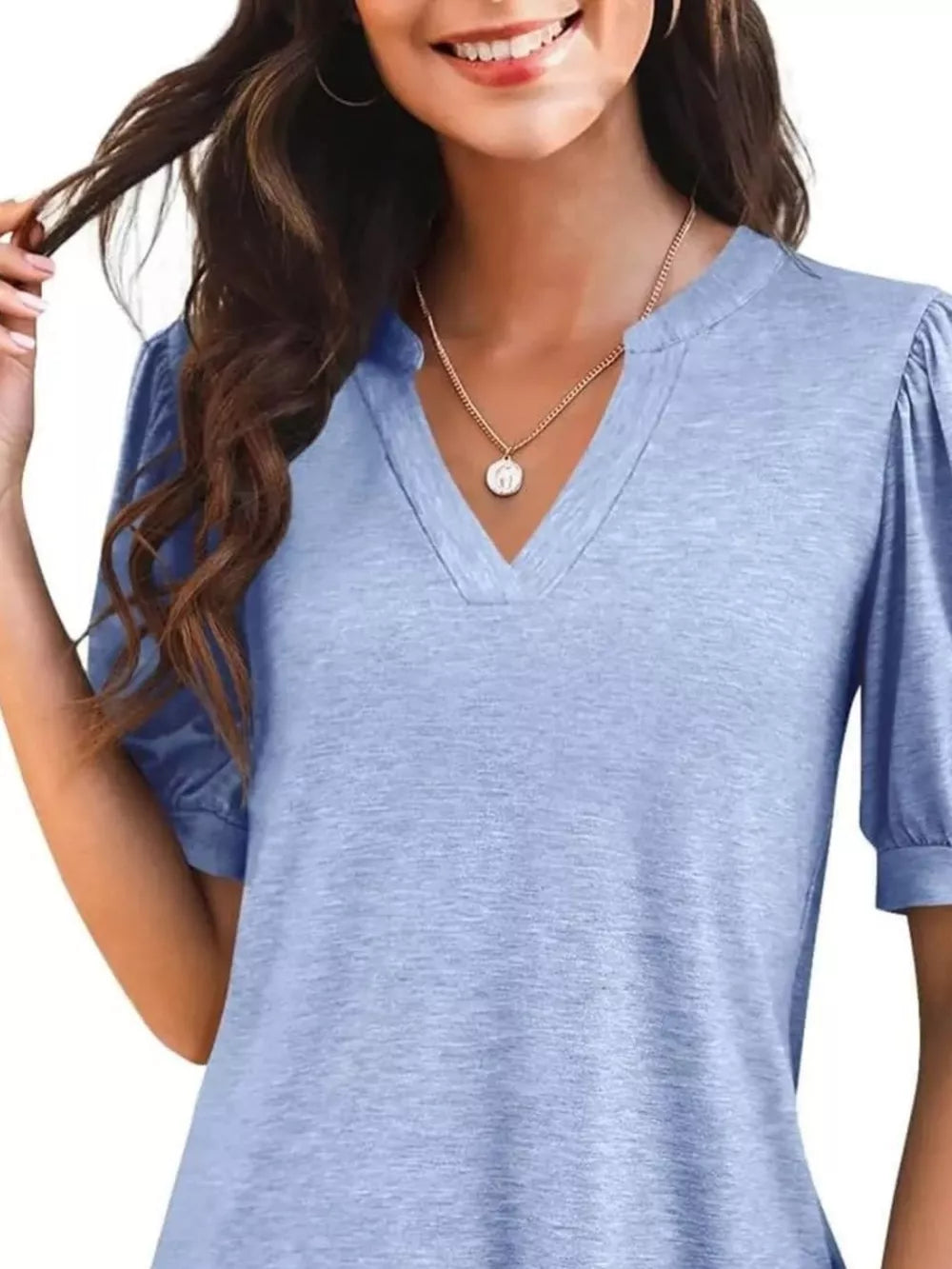 Sky blue t-shirt with puff sleeves and notched V-neck