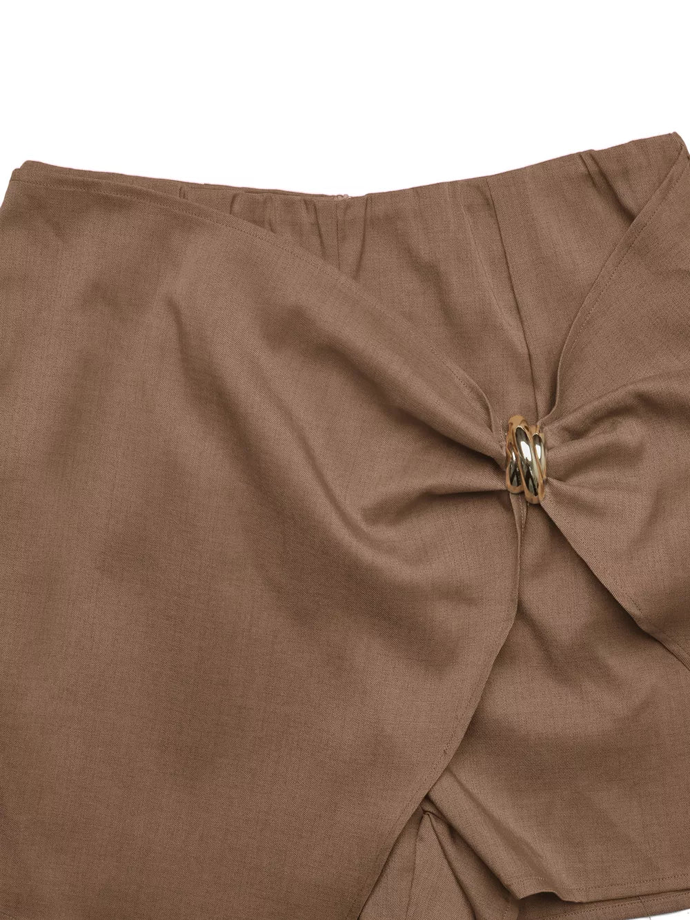 Brown twist-front skort with decorative gold button detail