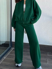 Dark green zip-up bomber jacket and wide-leg pants set with seam detail