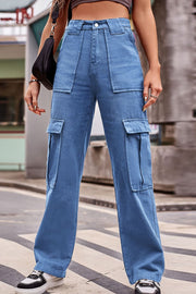 Utility pocket wide leg trousers in Dusty Blue denim with multiple cargo pockets.