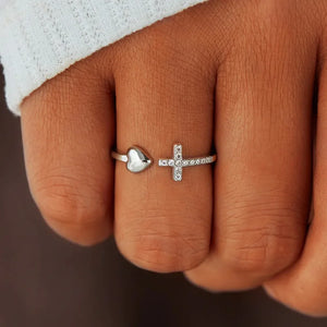 Open heart and cross ring with zirconia detail in silver