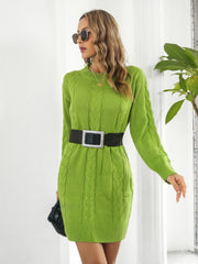 Lime cable knit sweater dress with belt, crew neck, long sleeves, acrylic.