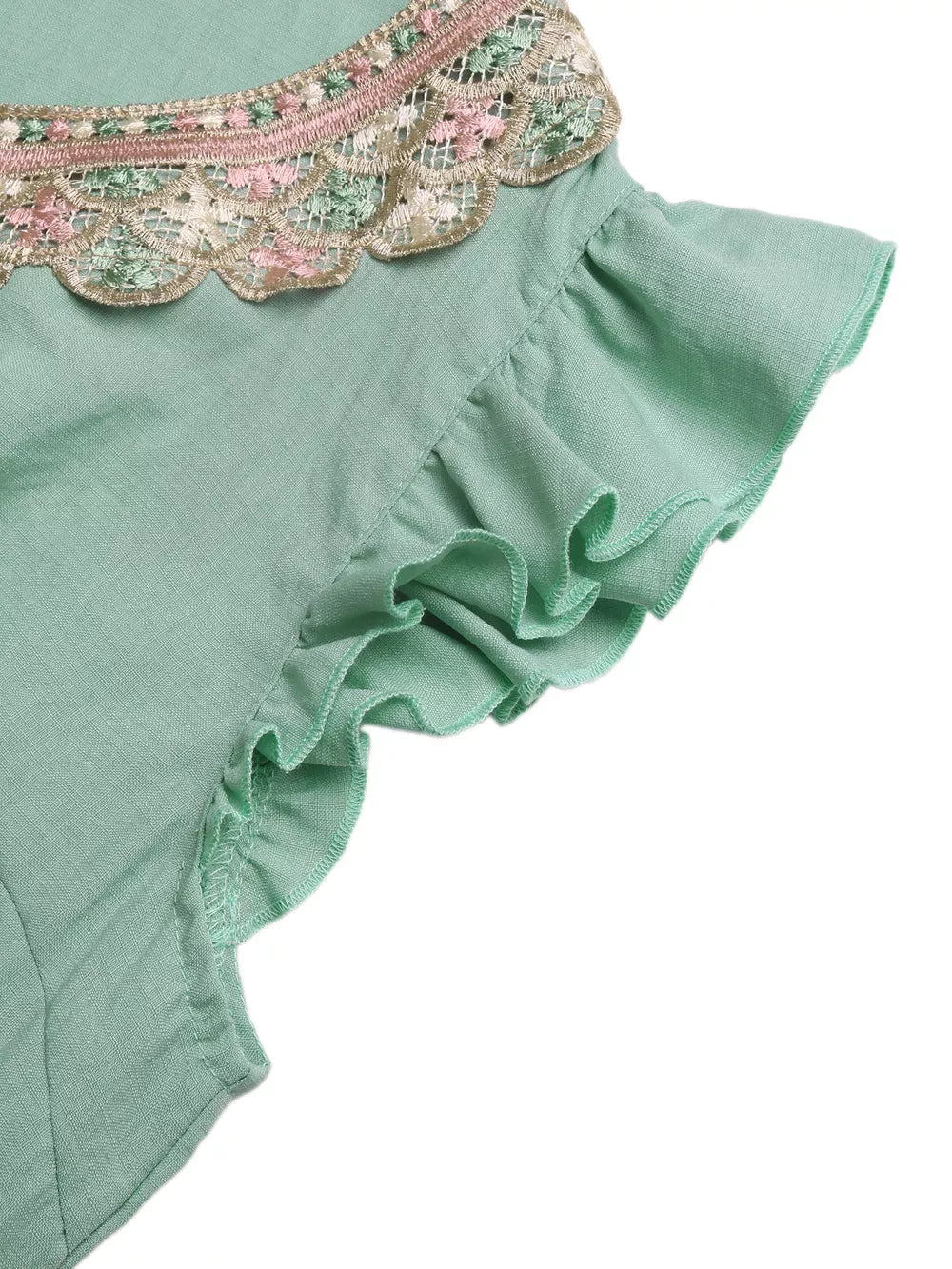 Mint green maternity maxi dress with embroidered lace neckline and ruffled sleeves.