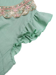 Mint green maternity maxi dress with embroidered lace neckline and ruffled sleeves.