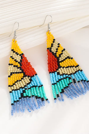 Women's chic beaded drop earrings in yellow, red, cream, black, turquoise, and blue fringe.