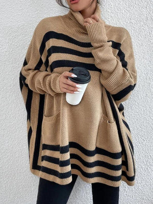 Tan geometric stripe acrylic poncho sweater with pockets and turtleneck.