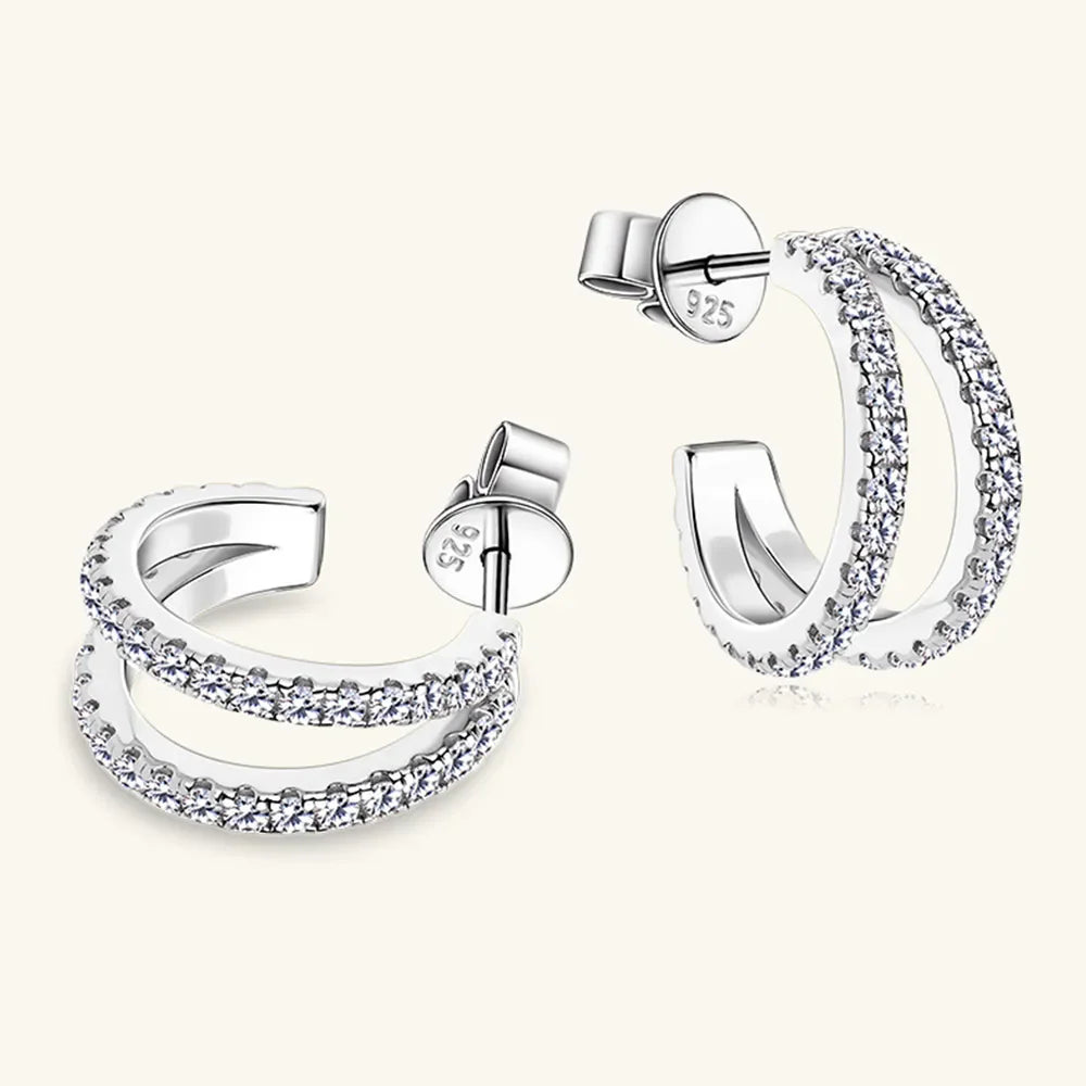 Silver double band hoop earrings with moissanite stones