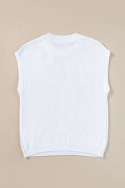 White knit sleeveless top with ribbed neckline and hem
