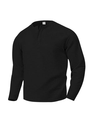 Black waffle knit henley t-shirt with button placket and long sleeves.