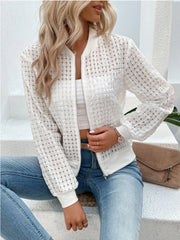 White textured mesh bomber jacket with zip front and ribbed cuffs and hem.