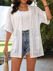 Openwork Open Front Cardigan in Khaki, front view