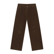 Chocolate elastic waist straight-leg denim jeans with a relaxed fit.