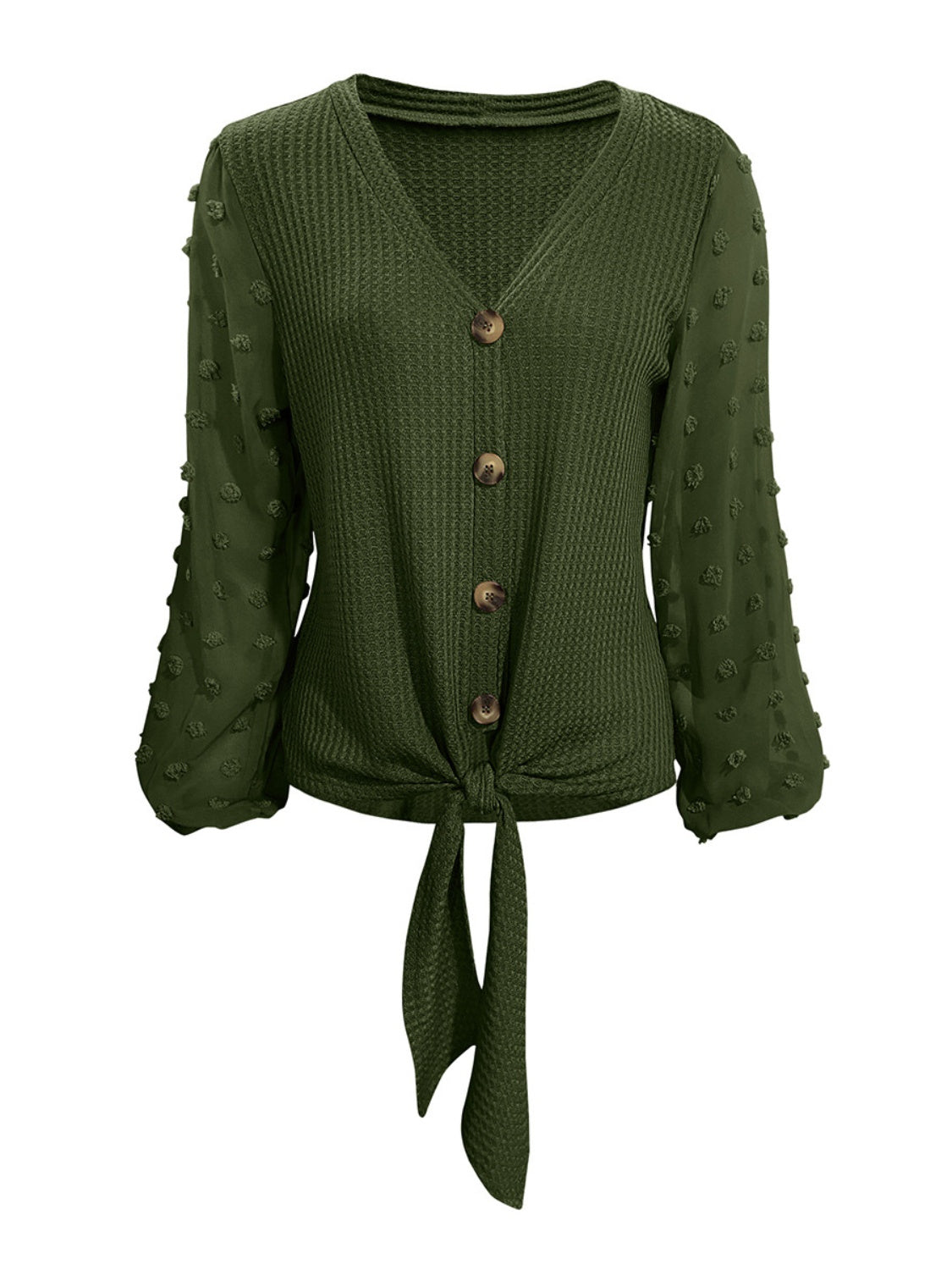 Army green waffle knit tie front blouse with Swiss dot sleeves